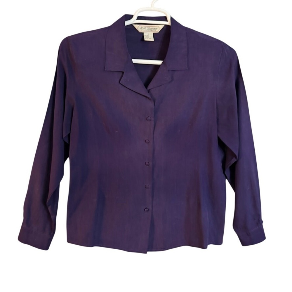 KB Lawrence Crystal Kobe Purple 100% Silk Button Down Blouse Long Sleeve Medium